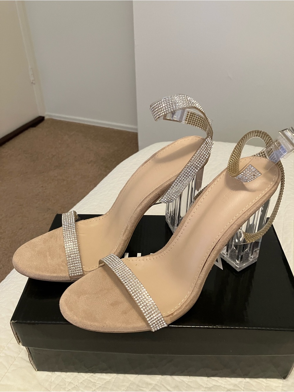 SHEIN Nude Rhinestone Strap Clear Block Heel Sandals